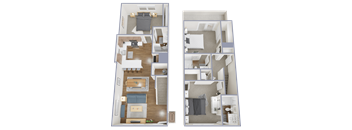 A floor plan of a three-bedroom apartment with a living room, kitchen, and bathroom.