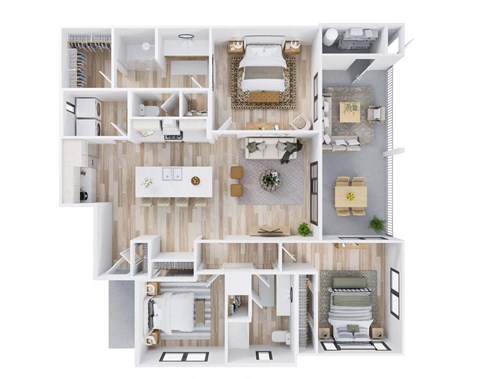 A top-down view of a house layout with a kitchen, living room, and bedrooms.