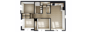 A floor plan of a house with two bedrooms, a living room, a kitchen, and a bathroom.