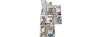 A 3D floor plan of a house with a kitchen, living room, and bedrooms.