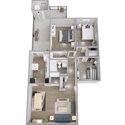 A 3D floor plan of a house with a kitchen, living room, and bedrooms.