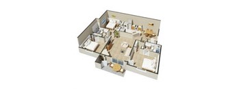 A 3D floor plan of a house with a kitchen, living room, and two bedrooms.