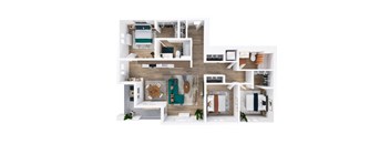 A top-down view of a modern apartment layout with a living room, kitchen, and bedrooms.