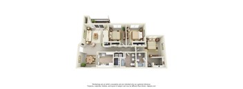 A 3D floor plan of a house with multiple rooms and furniture.