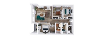 A top-down view of a modern apartment layout with a kitchen, living room, and bedrooms.