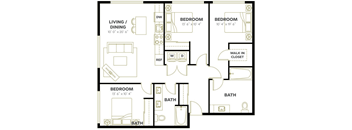A floor plan of a house with a living room, dining room, and three bedrooms.