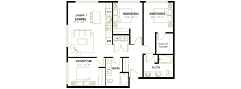 A black and white image of a house floor plan with a living room, dining room, kitchen, and four bedrooms.