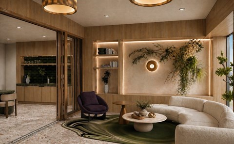 A modern living room with a purple armchair and a white sofa.