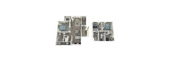 A 3D floor plan of a small apartment with a bedroom, living room, kitchen, and bathroom.