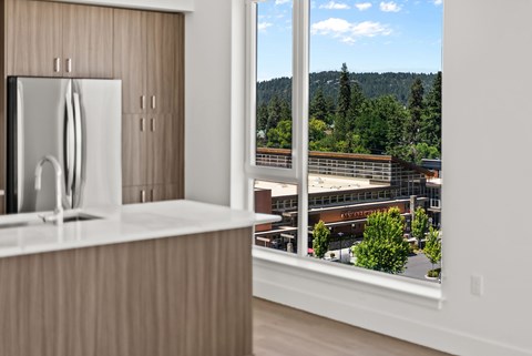 A kitchen with a refrigerator and a window overlooking a mountainous landscape.