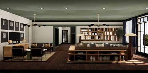 A modern living room with a large sofa and a television on the wall.