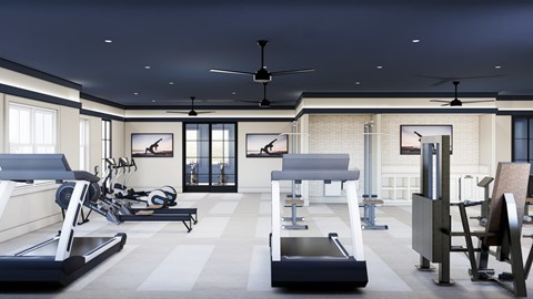 A modern gym with treadmills, exercise bikes, and other equipment.