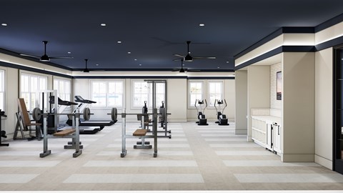 A spacious gym with a variety of equipment and a row of windows letting in natural light.