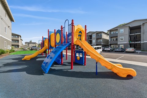 A playground with a blue and yellow slide.