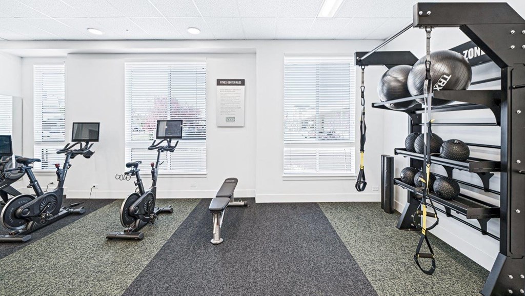 a gym with weights and cardio equipment in a room with windows