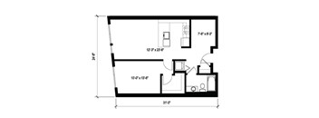 A floor plan of a room with dimensions and furniture layout.