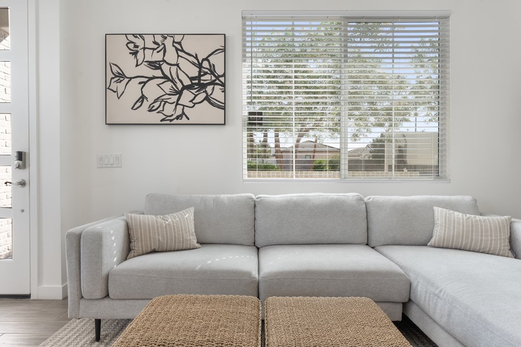A grey couch with a brown rug in front of it.