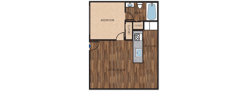 A floor plan of a room with a bedroom, living room, kitchen, and bathroom.