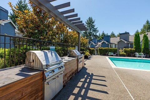 A backyard with a grill and a pool.