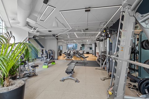 a gym with weights machines and other equipment in a building with a large window