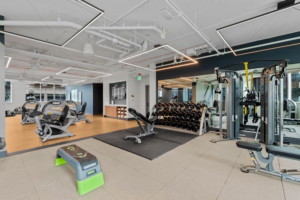 a gym with weights and cardio machines and yoga mats