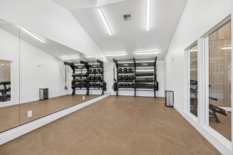 A gym with wooden floors and mirrors on the wall.