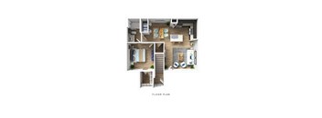 A floor plan of an apartment with a living room, kitchen, and bedrooms.