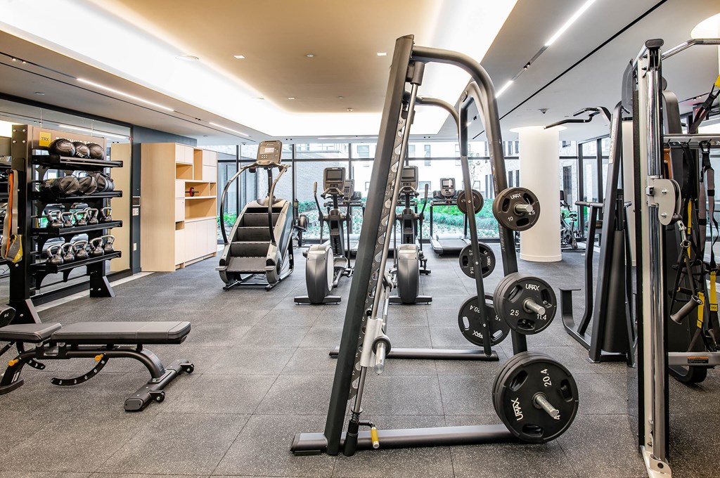 A gym with a variety of equipment including weights and treadmills.