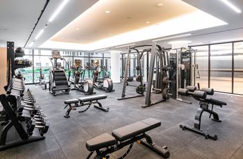 A spacious gym with a variety of equipment including treadmills, weights, and benches.