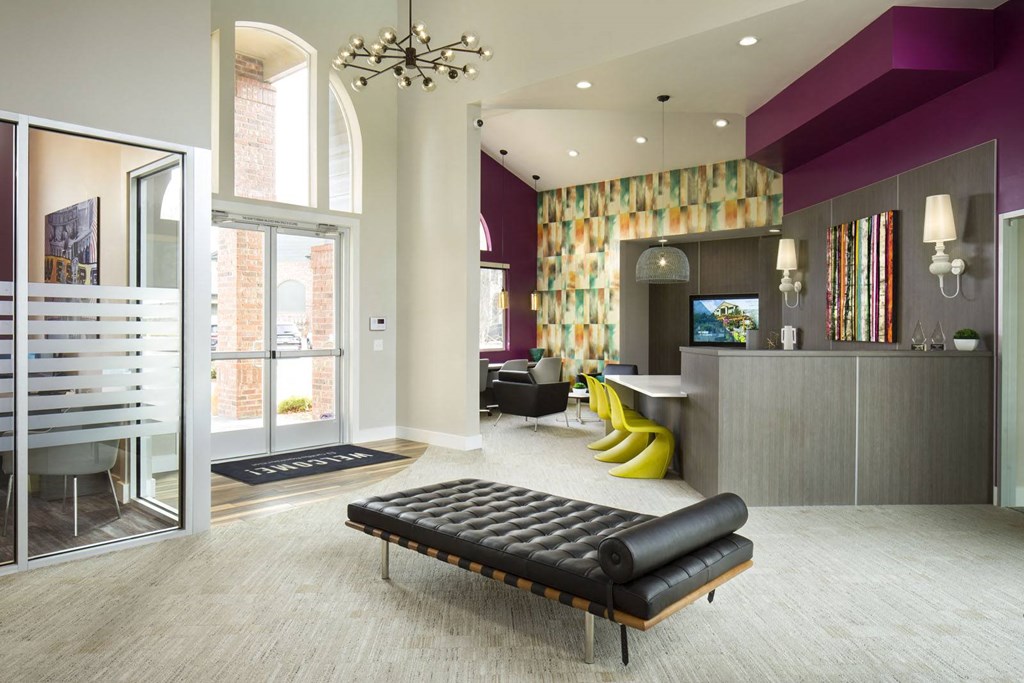 the lobby at the m on hennepin apartments in minneapolis, mn