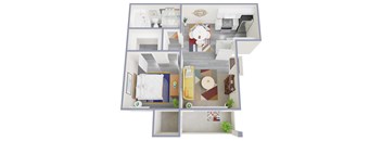 A top-down view of a modern apartment layout with a living room, kitchen, and bedroom.