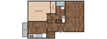 A floor plan of a house with a bedroom, kitchen, and living room.