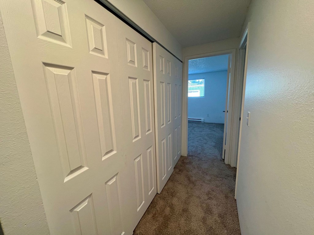 a hallway with two closets and a door to a room with a tv