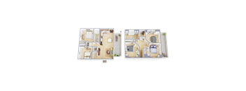 Two floor plans of a house with a kitchen, living room, bedrooms and bathrooms.