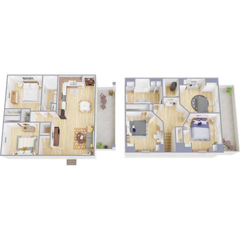 Two floor plans of a house with a kitchen, living room, bedrooms and bathrooms.