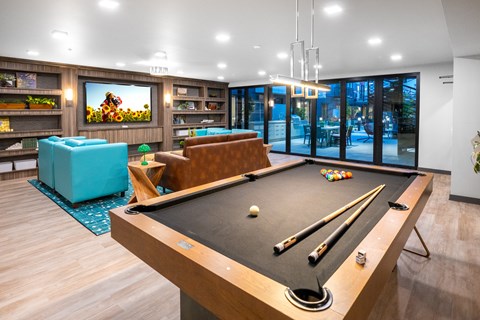 A pool table with a green felt cloth and a white ball in the foreground.
