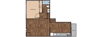 A floor plan of a house with a bedroom, bathroom, kitchen, and patio.