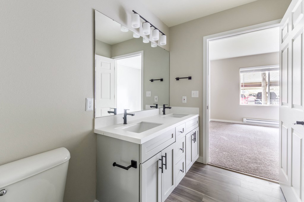 a bathroom with a large mirror and two sinks