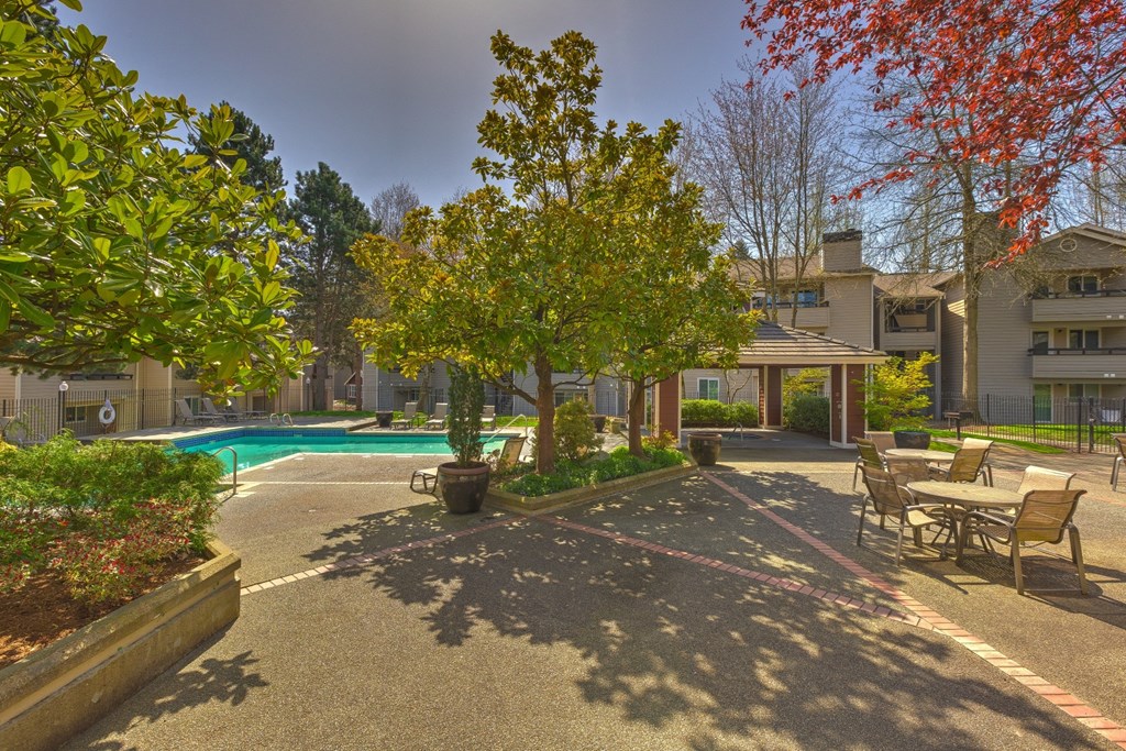 a courtyard with a swimming pool and trees and benches
