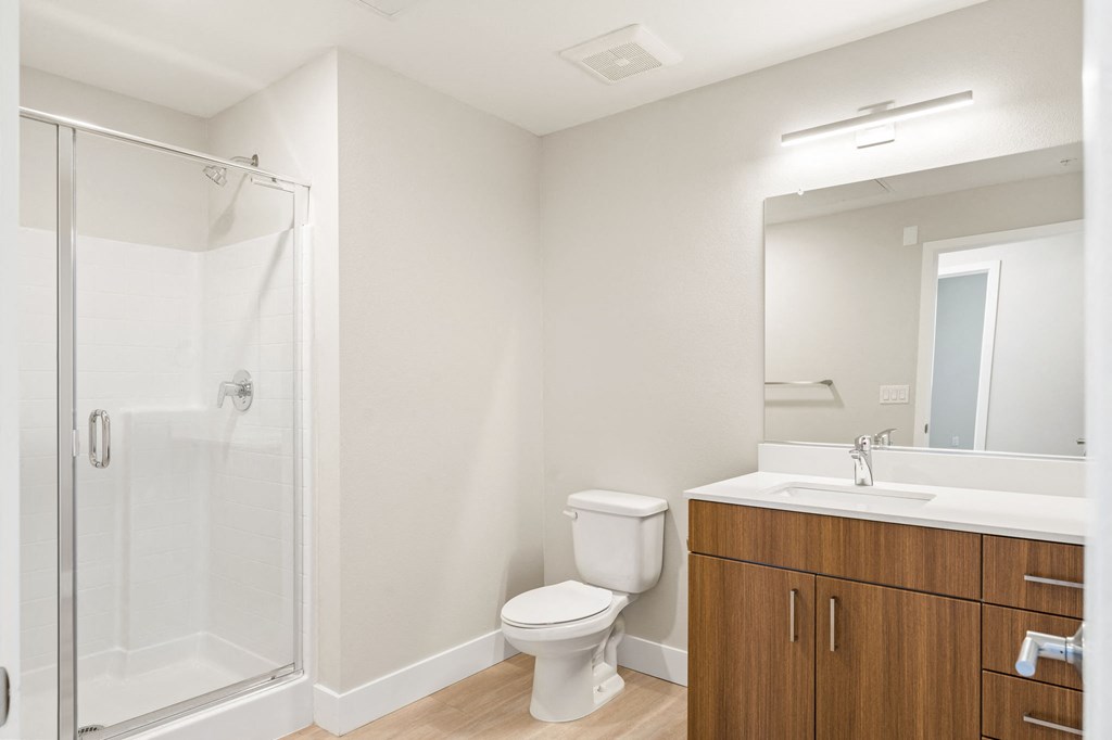 a bathroom with a shower toilet sink and mirror