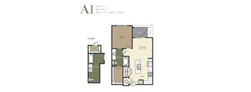 A floor plan of a one bedroom apartment with a bathroom and a living area.