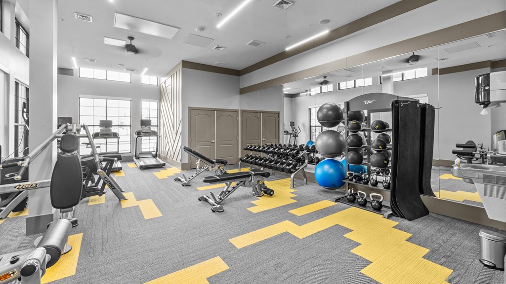 a gym with weights and cardio equipment and a punching bag