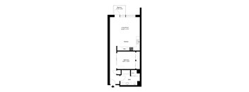 A floor plan of a room with a balcony, living room, kitchen, bathroom, and a bedroom.