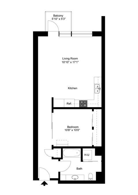 A floor plan of a room with a balcony, living room, kitchen, bathroom, and a bedroom.