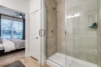 A bathroom with a walk-in shower and a bedroom with a window.