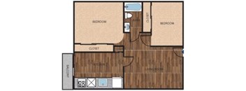 A floor plan of a house with three bedrooms, a living room, a kitchen, a closet, and a balcony.