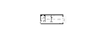 A floor plan of a house with a bath, bedroom, kitchen, living room and a balcony.