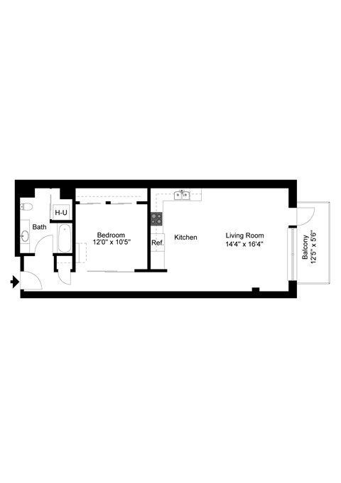 A floor plan of a house with a bath, bedroom, kitchen, living room and a balcony.