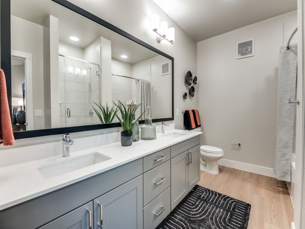 A bathroom with a sink, mirror, toilet, and a rug.
