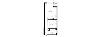 A black and white image of a floor plan for a small apartment.